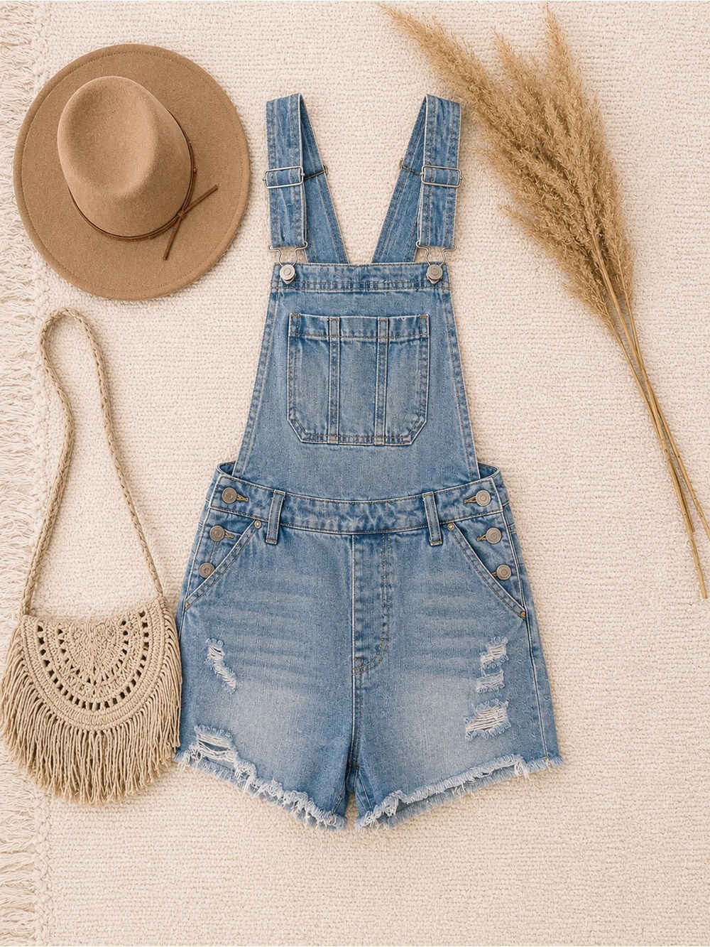 Light Blue Distressed Denim Short Overalls